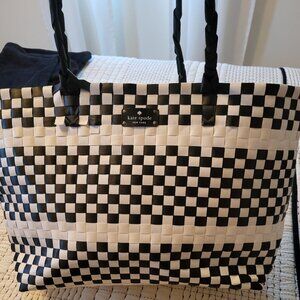 Kate Spade Large Black & White Woven Beach Tote Bag,Checkered Style. Shoulder